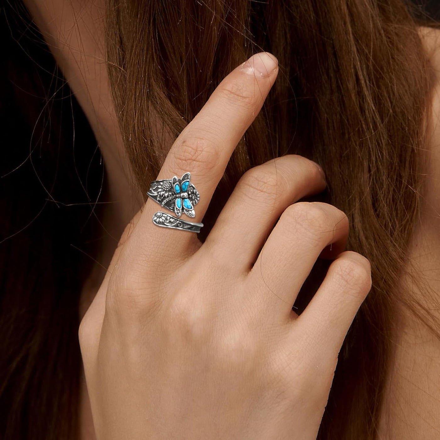 Skeiðhringur úr sterlingssilfri með tyrkismynstri – Vintage Boho drekafluguhringur