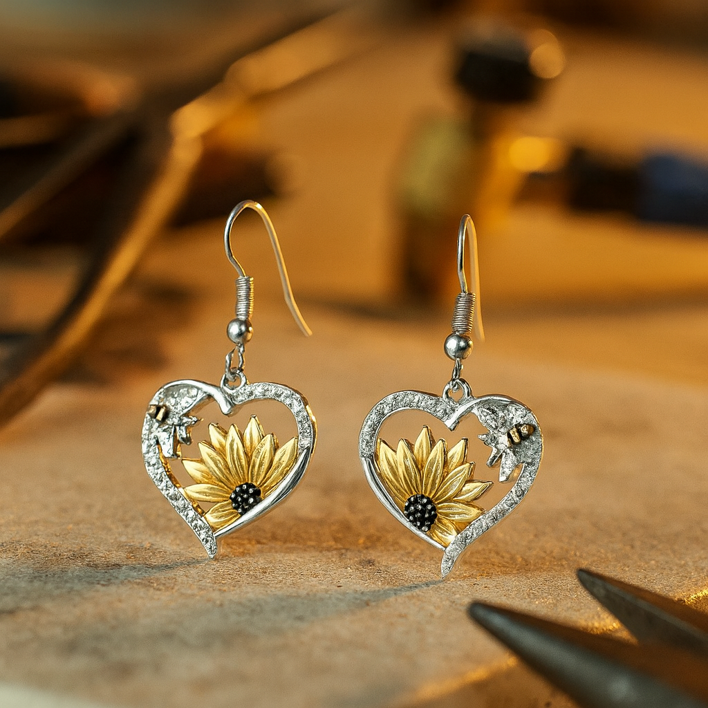 Vintage Boho sólblóma- og býflugnahjarta eyrnalokkar